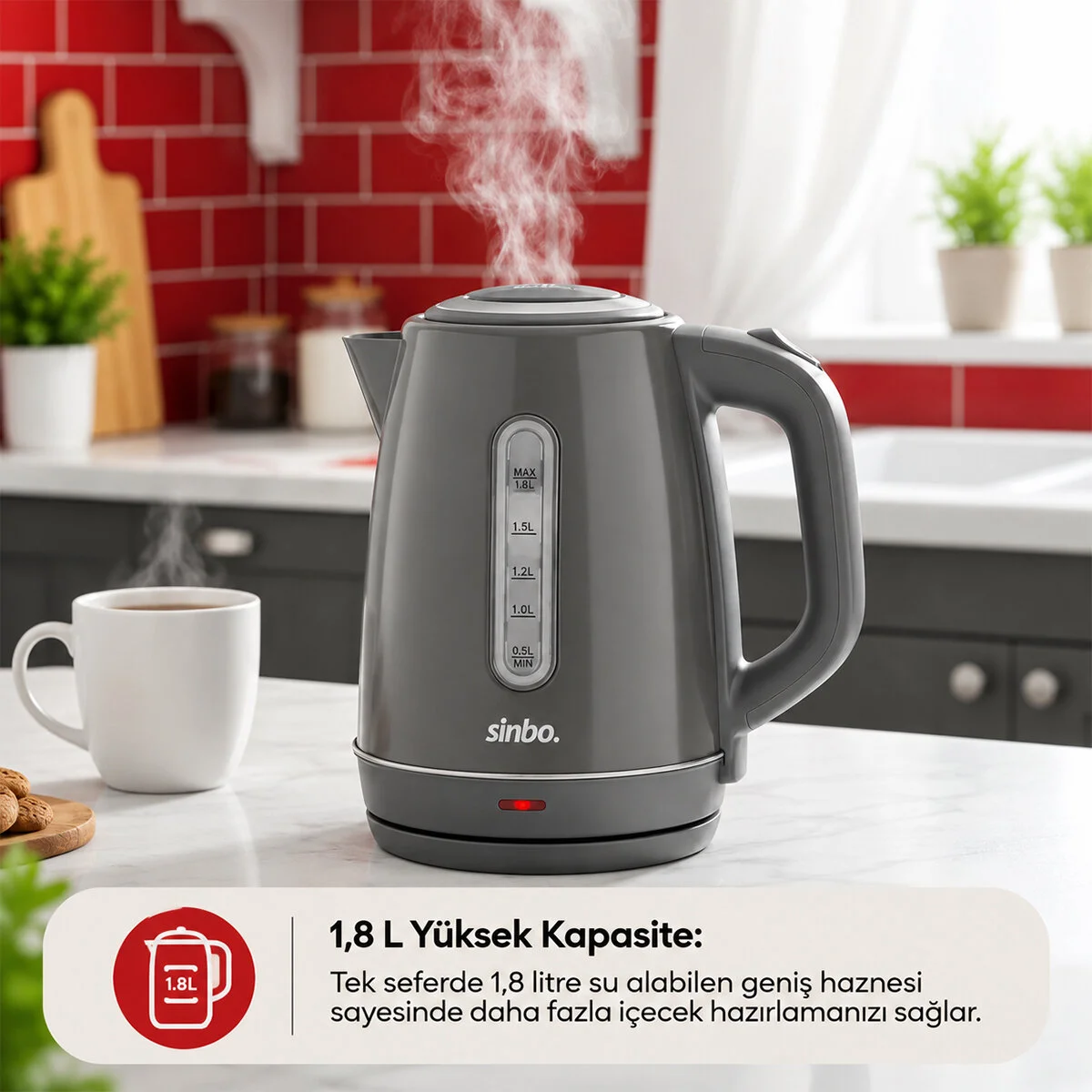 Gri Çelik Kettle Su Isıtıcısı Kablosuz Kullanım 1.8LT 360 Derece Dönebilme Otomatik Kapanma SK-8031 görsel 2