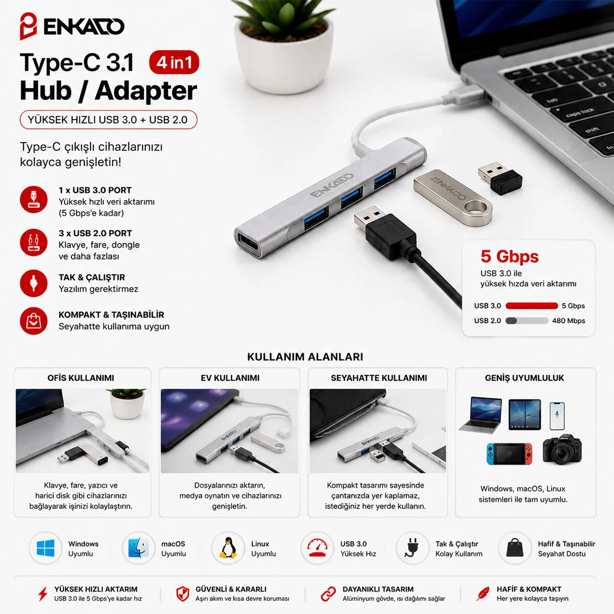 Type-c 3.1 Giriş 4IN1 Usb Çoğaltıcı 4 Anahtarlı Port - Hı-speed Usb 3.0 - Usb 2.0 Hub Adaptör EKD-TP50 görsel 2