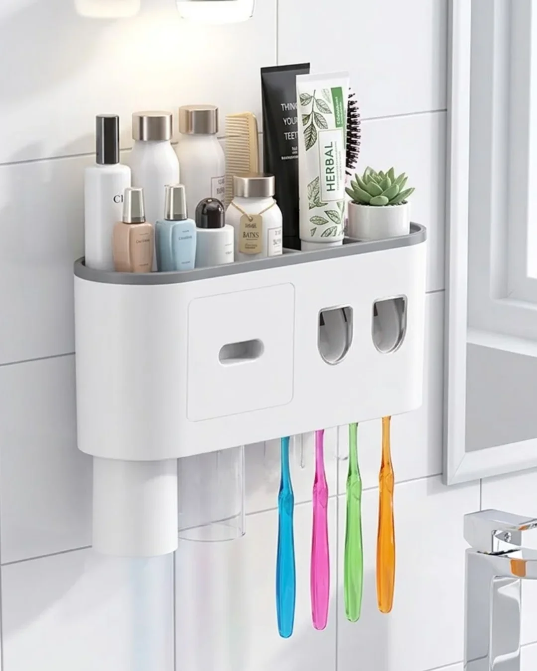 Banyo Organizer Diş Fırçası Tutucu Çift Dispenserli Raflı Çekmeceli
