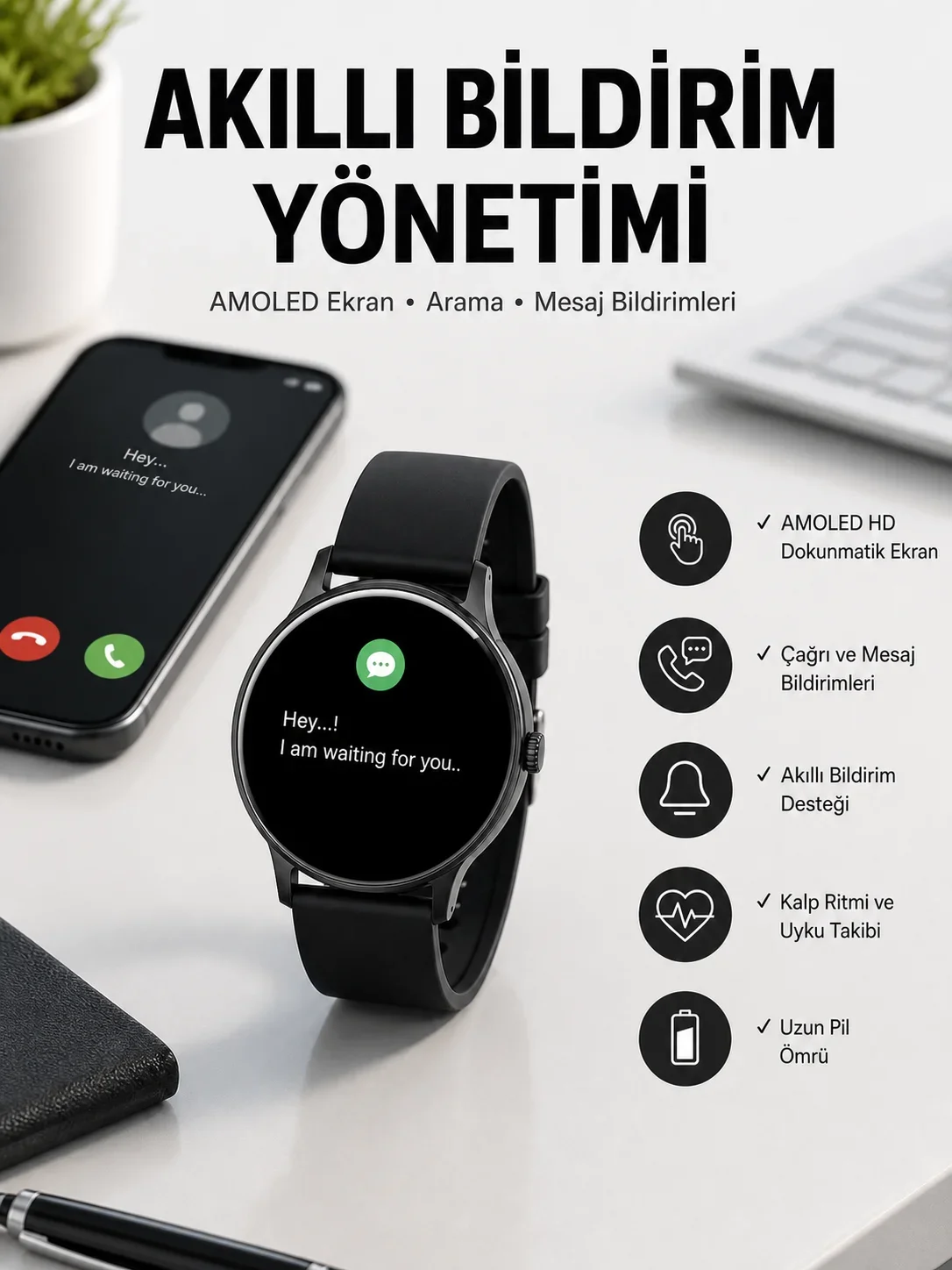 Akıllı Saat Çok Fonksiyonlu Sesli Görüşme NFC Uyumlu Amoled Ekran Yeni Nesil