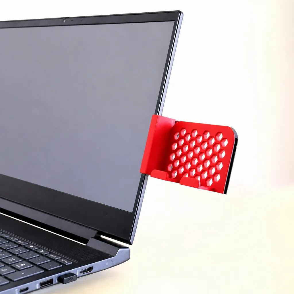 3D Baskı Monitor Telefon Tutucu - Petek Desenli Laptop Kenar Telefon Tutucu-Kırmızı görsel 2