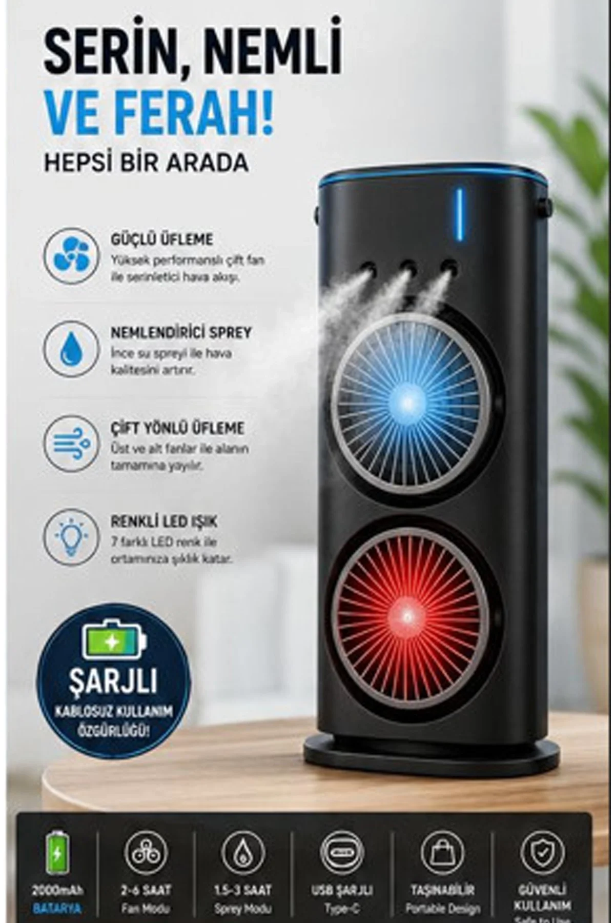 Vothoon Çift Başlıklı Sprey Fan Nemlendirici ve Renkli LED Işıklı siyah görsel 3