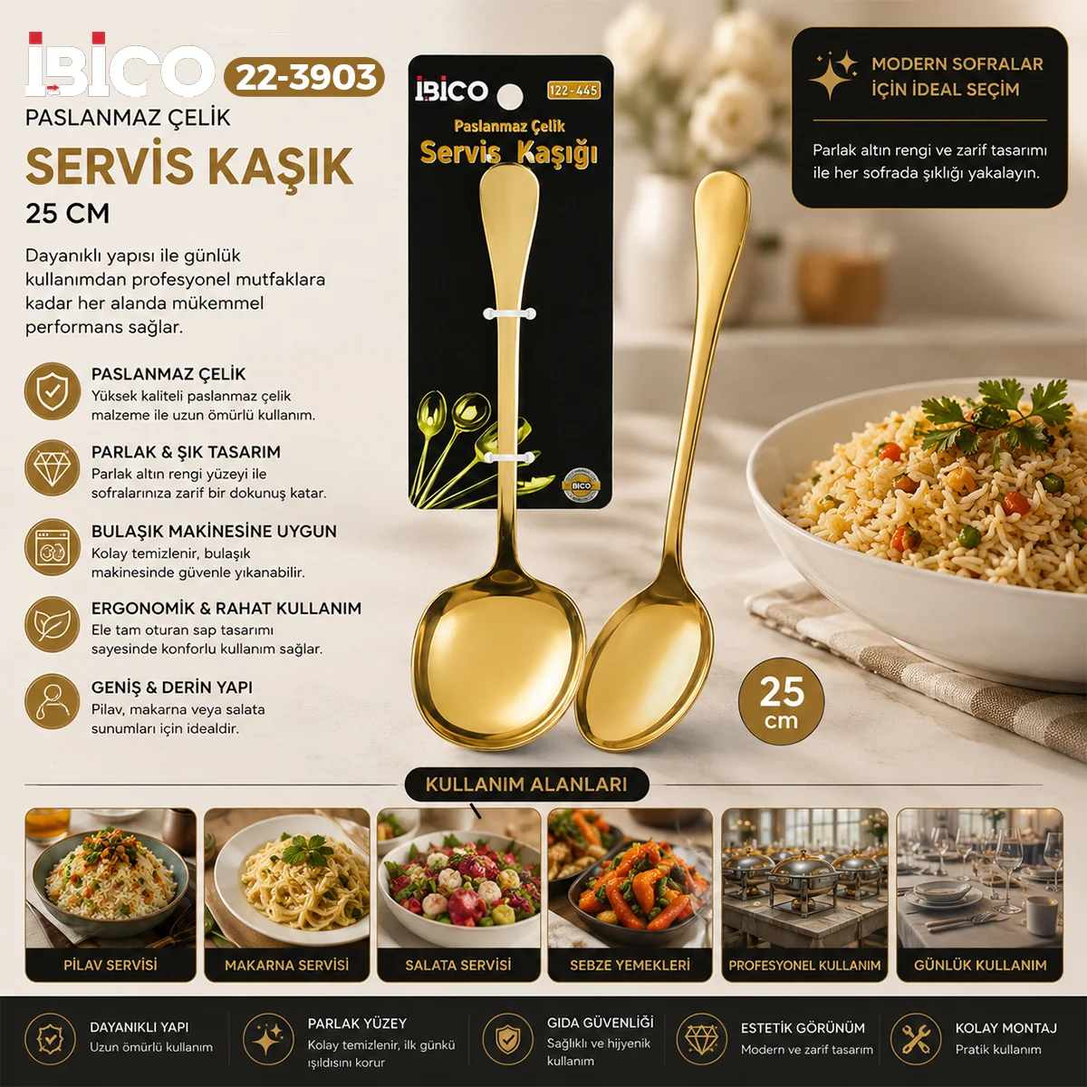 25 cm Metal Servis Kaşığı Altın Renk görsel 2