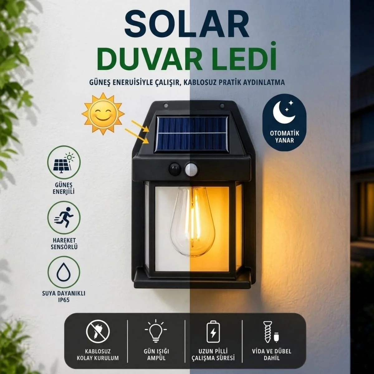 Ampul Model 3 Modlu Solar LED Duvar Lambası, Güneş Enerjili, Şarjlı Kablosuz Dış Mekân Apliği, Bahçe ve Kapı Lambası