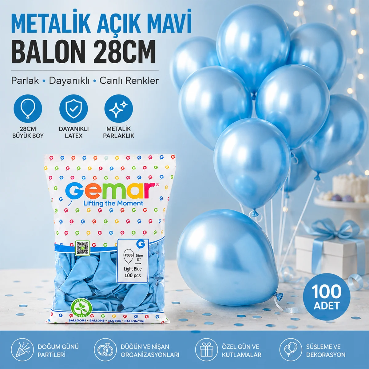 11'' (28 cm) Metalik Açık Mavi Lateks Balon - 100'lü görsel 3