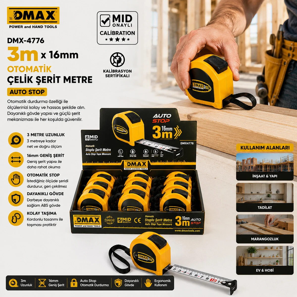 12 Adet 3MT X 16MM Otomatik Çelik Şerit Metre Stoplu görsel 3