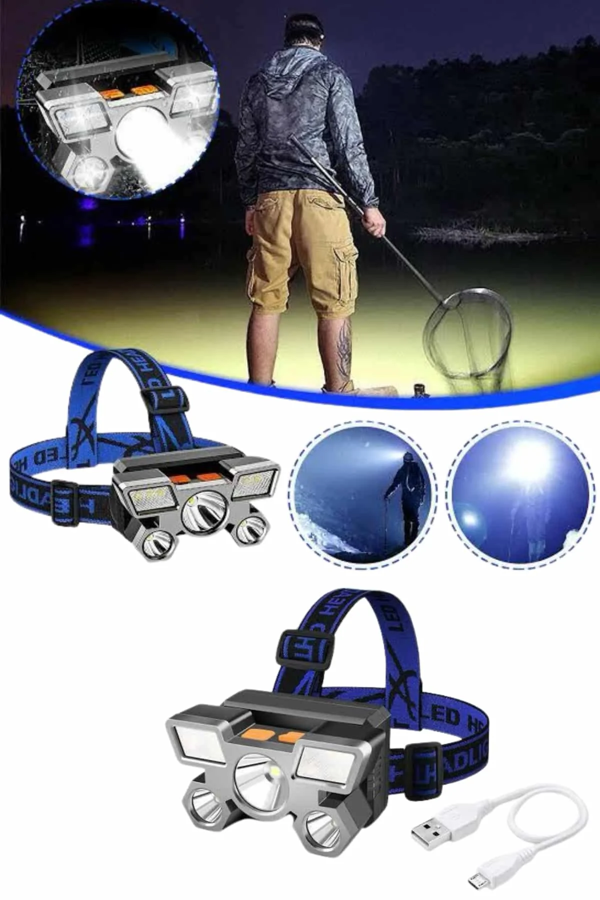 5 LED Far Şarj Edilebilir Güçlü Kafa Lambası Kamp Lambası 4 Modlu görsel 3