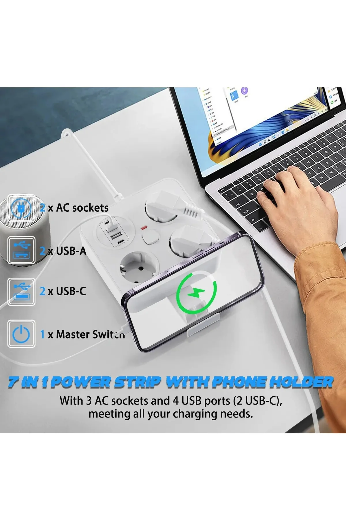 Akım Korumalı Anahtarlı Priz - 3X Priz - 2X Usb - 2X Type-C - 2 mt Kablo Hızlı Şarj Özellikli Siyah görsel 5