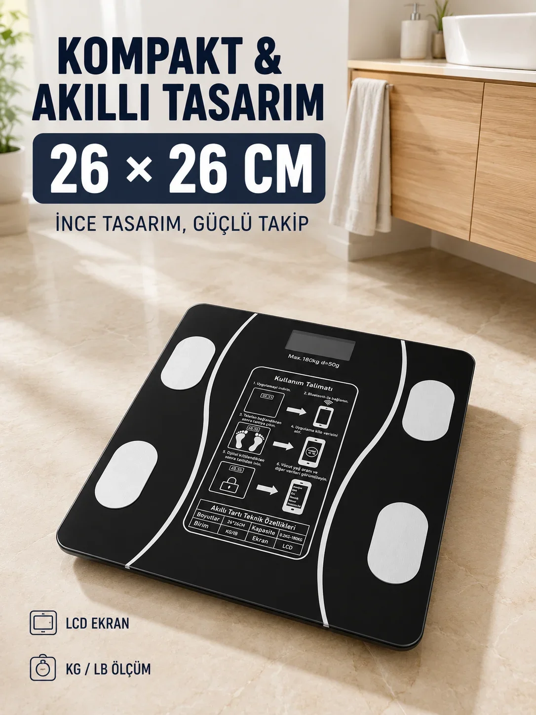 180 Kg Akıllı Cam Tartı Bluetooth Vücut Yağ Kas Su ve B Ölçüm Destekli Baskül