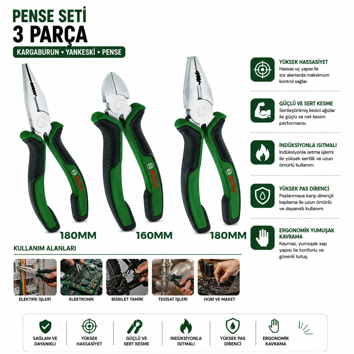 3 Parça Pense Seti - 7 inç Pense, 6 inç Yan Keski, 7 inç Kargaburnu (60± Kesme Sertliği) görsel 2