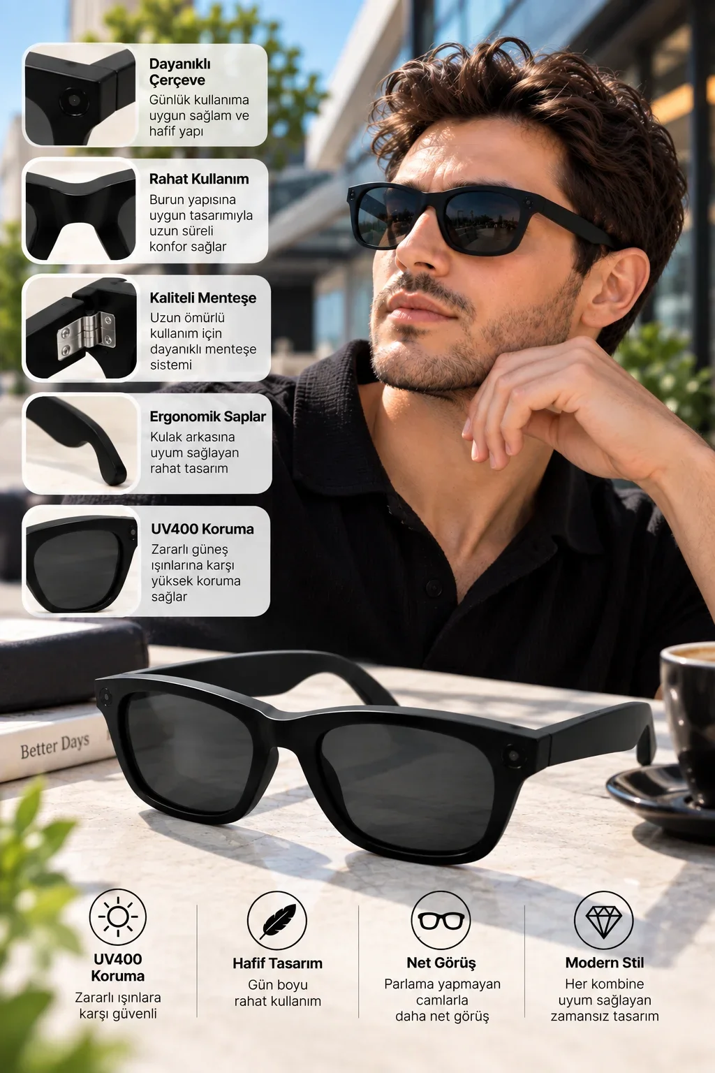 Kameralı Akıllı Güneş Gözlüğü Smart Glasses Siyah Şık Tasarım