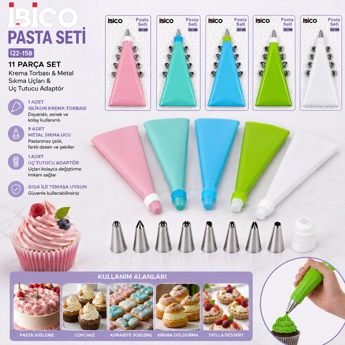 11PCS Pasta Seti - Renkli 1-KREMA Torbası - 9-METAL Sıkma Uçları - 1-UÇ Tutucu Adaptör görsel 2