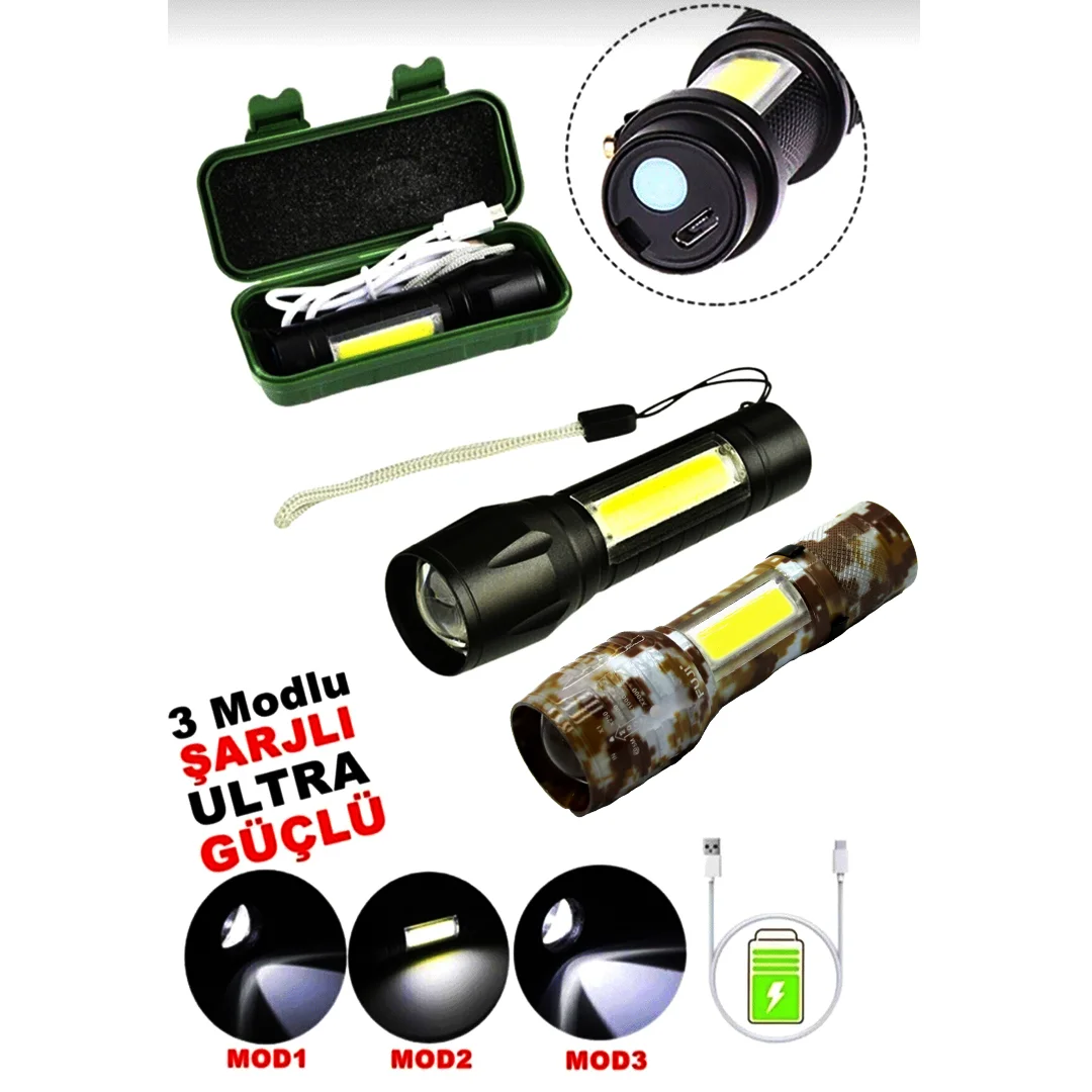 Usb Charge 2İN13W+1W Usb Şarjlı Ledli Polis El Feneri Metal Kasa Pls.kutu