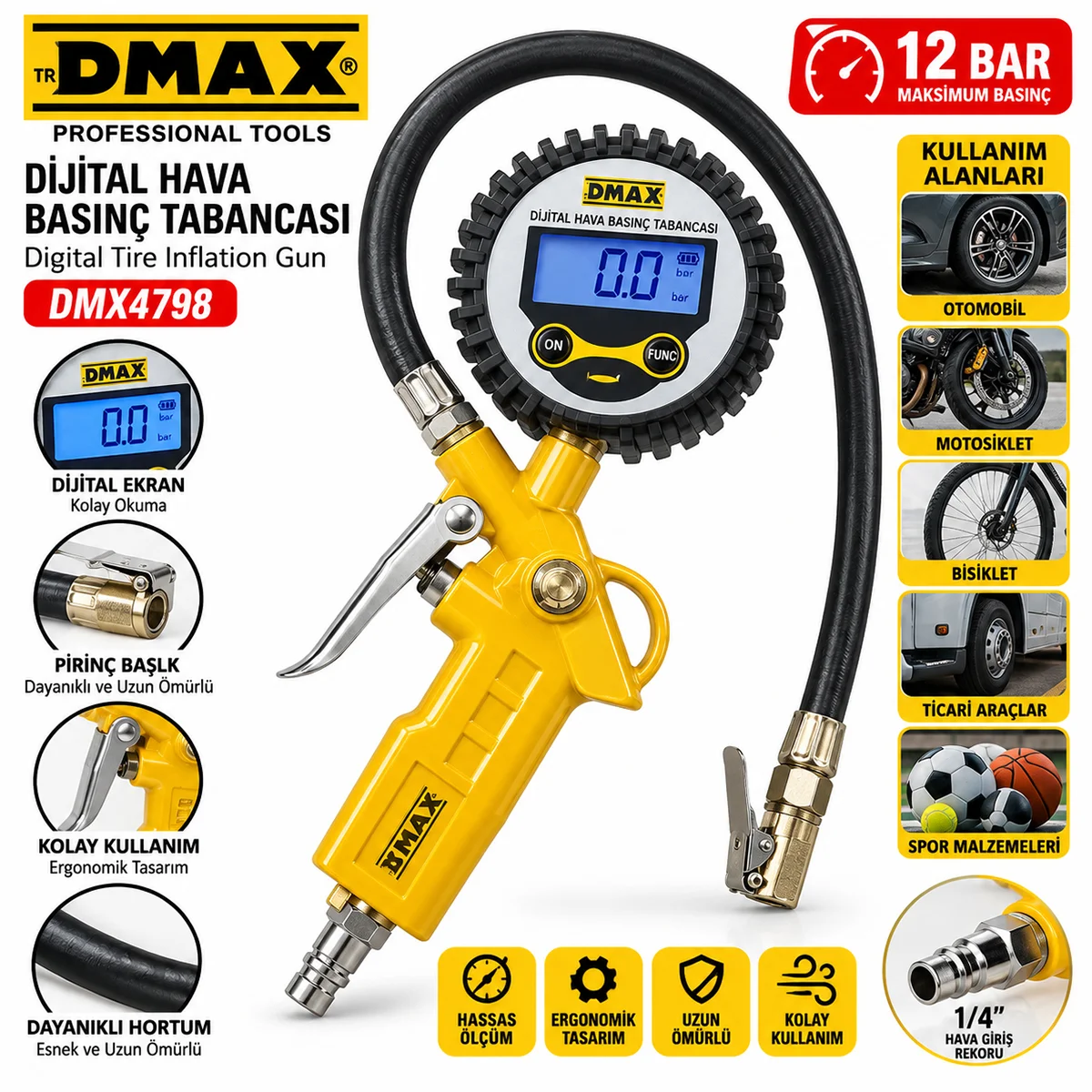 Dijital Lastik Şişirme Tabancası 12 Bar 1/4 Rekor görsel 2