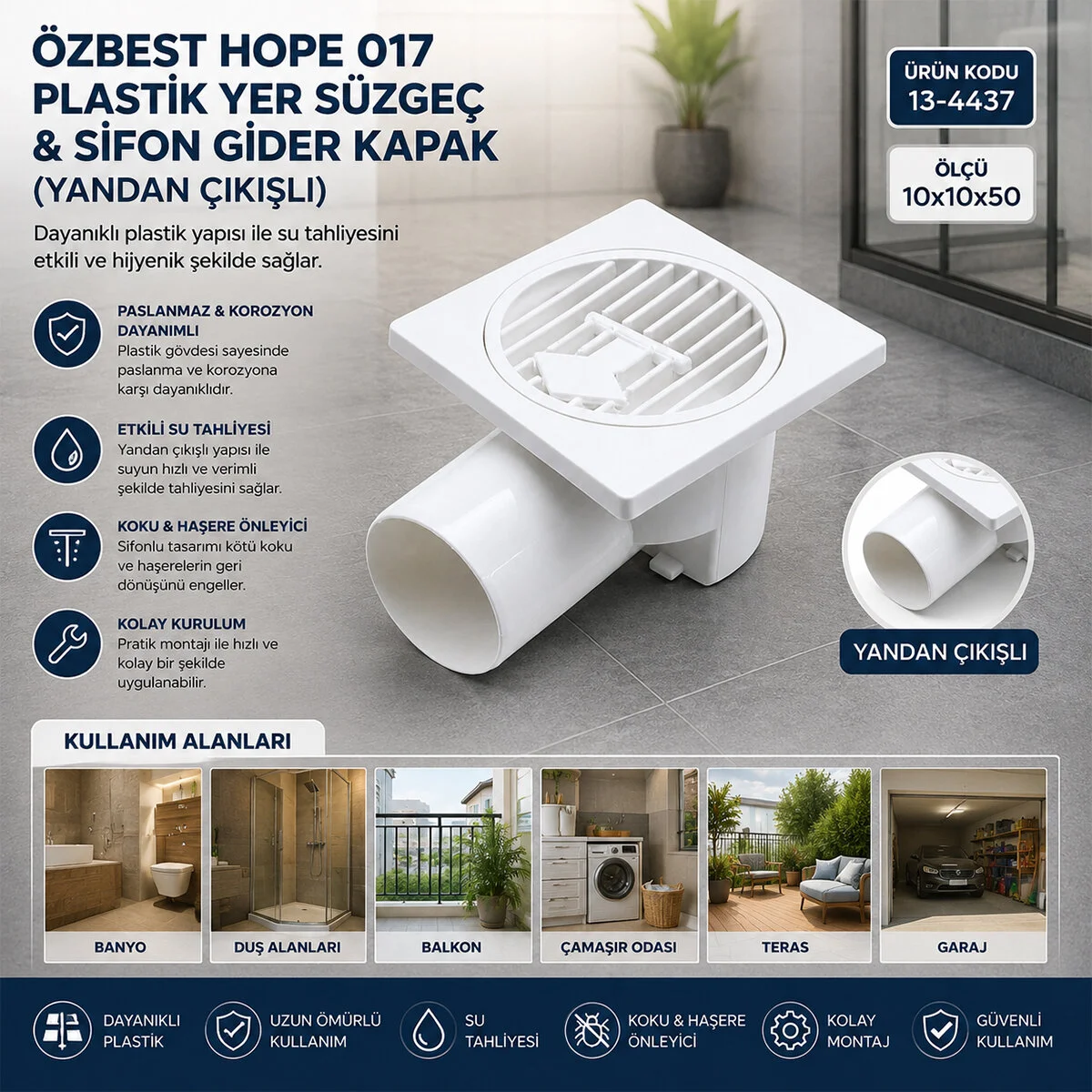 Plastik Yer Süzgeç - Sifon Gider Kapak Yandan 10X10X50 görsel 2