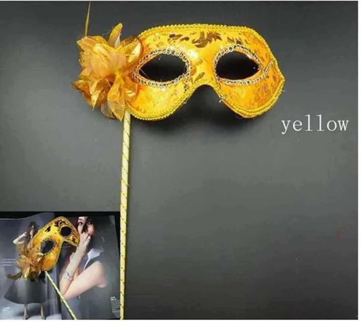 Lüks Taşlı Saplı Maskeli Balo Maskesi Altın Renk 35 cm görsel 4