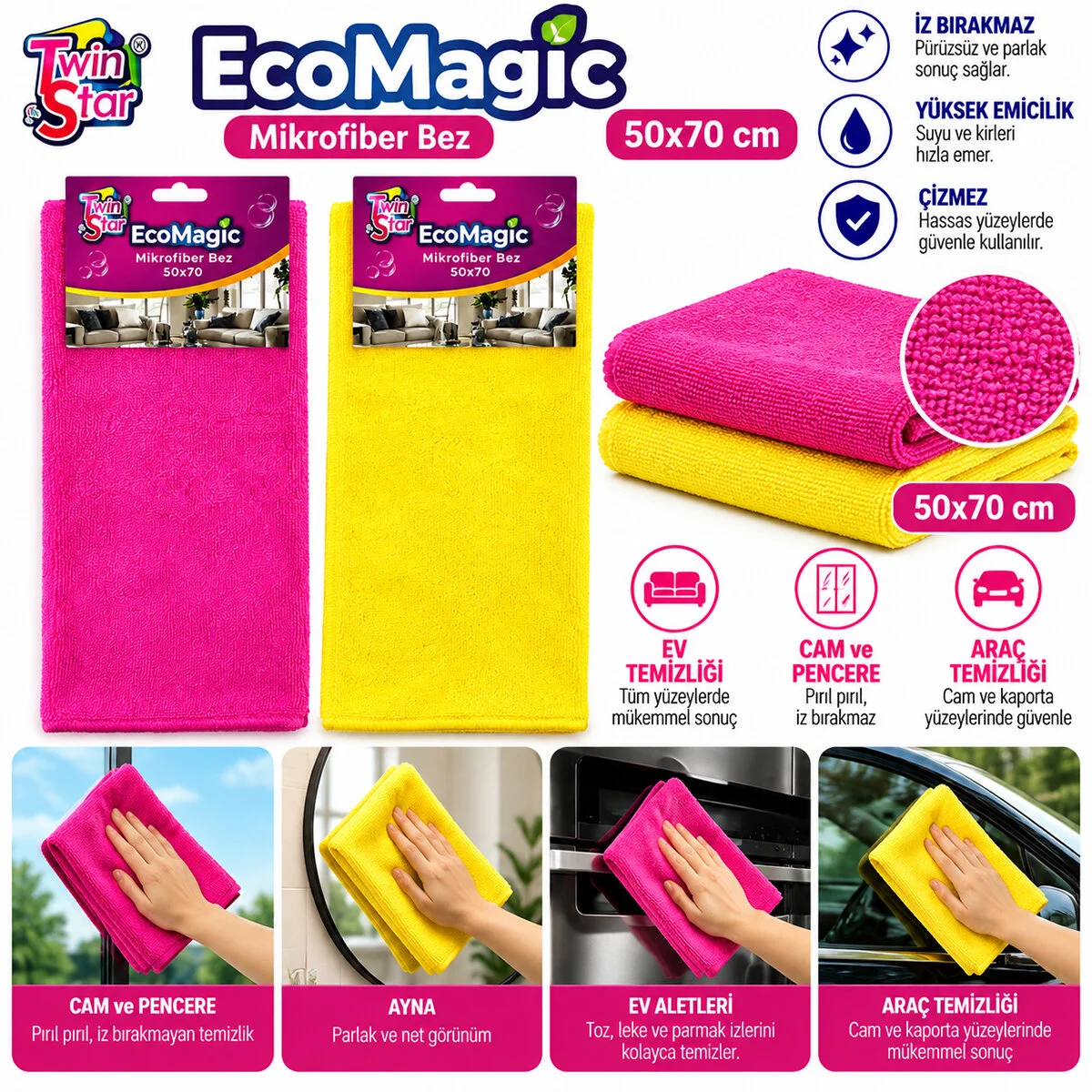 20 Adet Ecomagıc 50X70 Mikrofiber Temizlik Bez Eko görsel 2