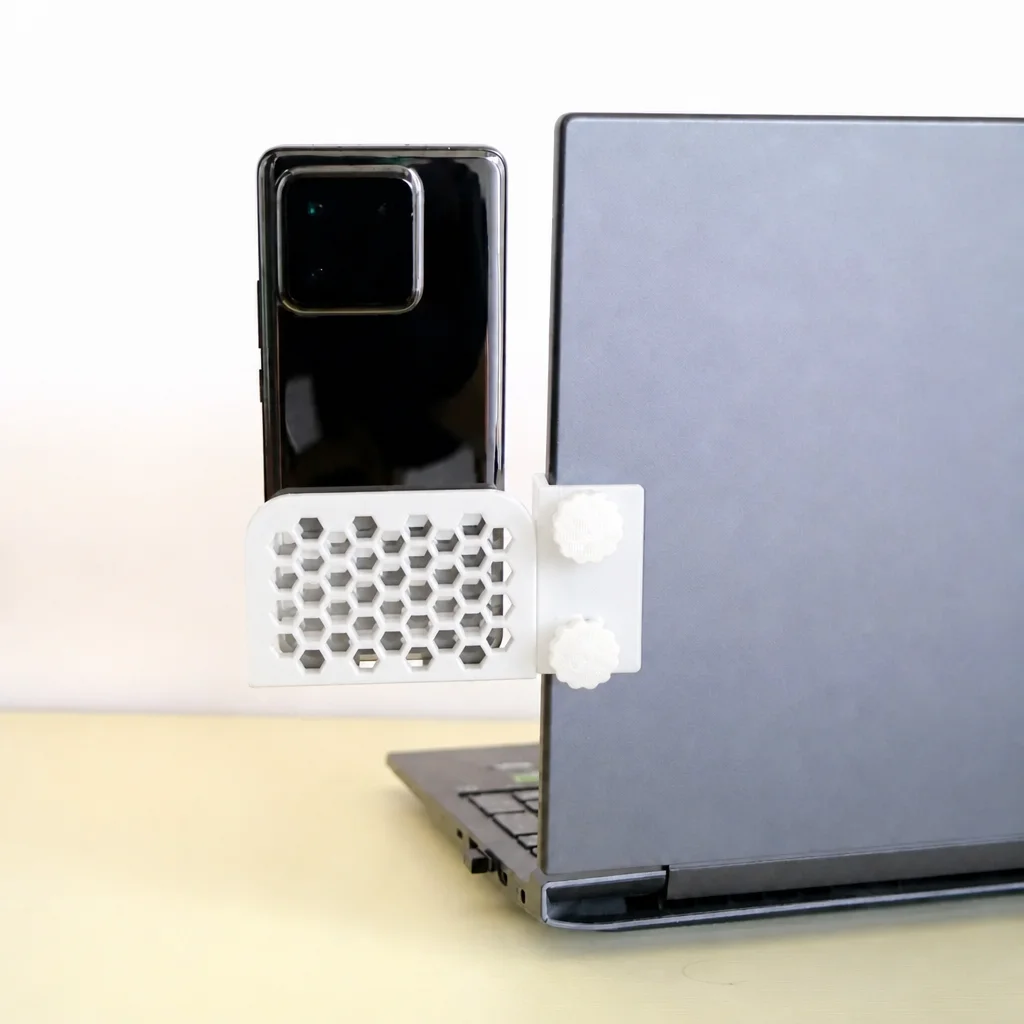 3D Baskı Monitor Telefon Tutucu - Petek Desenli Laptop Kenar Telefon Tutucu-Beyaz görsel 3