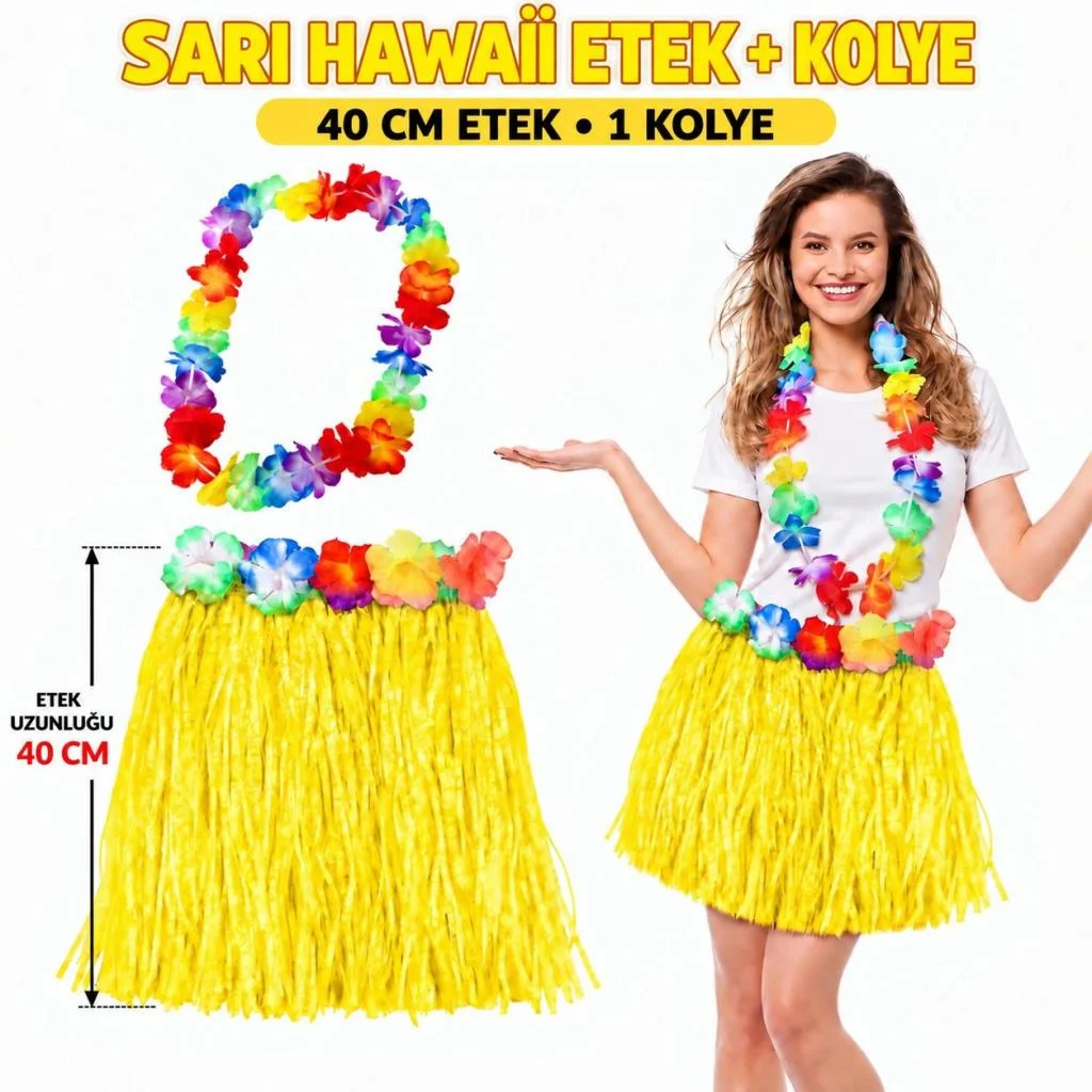 Hawaii Luau Aloha Sarı Püsküllü 40 cm Etek ve Hawaii Kolye