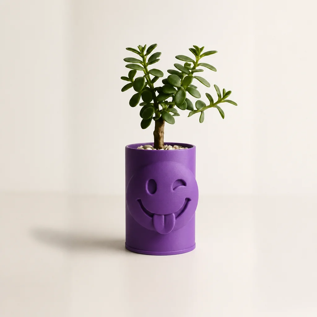 3D Baskı Emoji Planter - Göz Kırpan Yüzlü Sukulent Saksısı-Mor