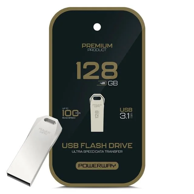 Powerway Preum 128 GB 100MB/S Ultra Hızlı USB 3.1 Metal Silver Flash Bellek
