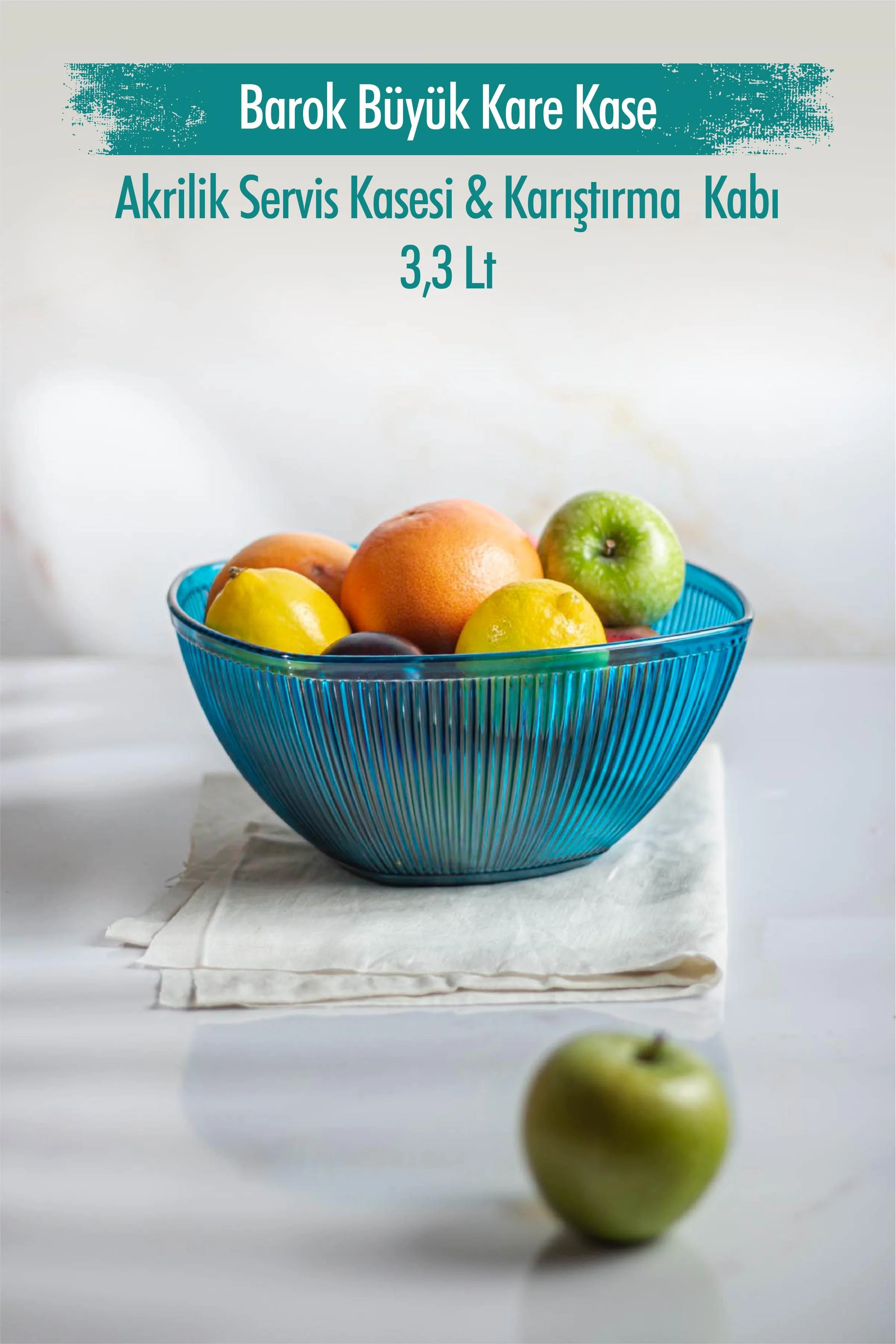 Akrilik Barok Aquamarin Büyük Kare Meyve & Salata Kasesi & Karıştırma Kabı / 3,3 Lt (CAM DEĞİLDİR) görsel 2