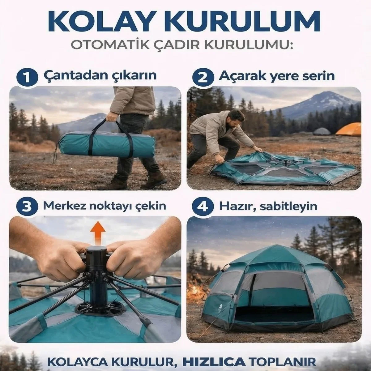 4 Kişilik Otomatik Kamp Çadırı – Altıgen Tasarım, Çift Kapılı, Suya Dayanıklı, Hızlı Kurulumlu Geniş Aile Outdoor Çadırı 240x240x160 cm görsel 4
