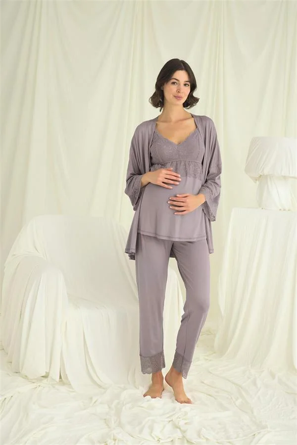 Dantelli Hamile Lohusa 3'lü Pijama Takımı görseli