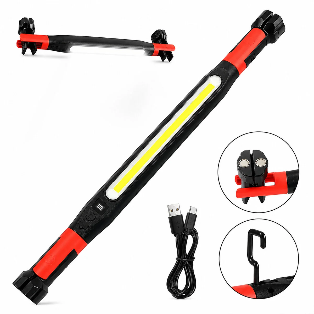 Mıknatıslı Type-c Şarj - Dijital Gösterge 360° Dönebilen Gövde - Askı Kanca - Çift Renk - 52.5CM El Fener - Işıldak Çok Amaçlı Led Çalışma Lambası 4 Fonksiyon Renkli KL-D95 görsel 2