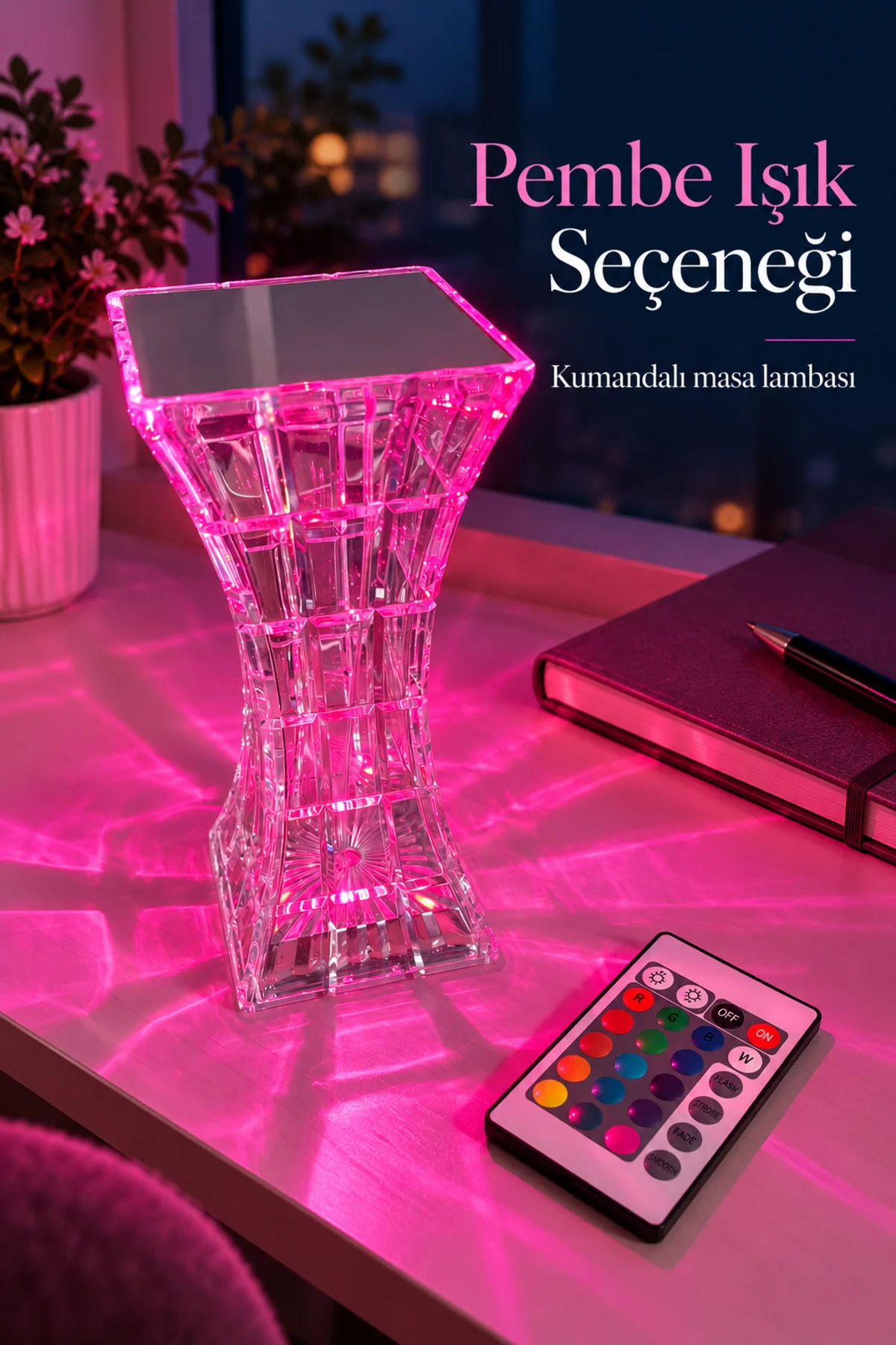 Kare Tabanlı Renk Seçimli Şeffaf Masa Lambası görsel 2