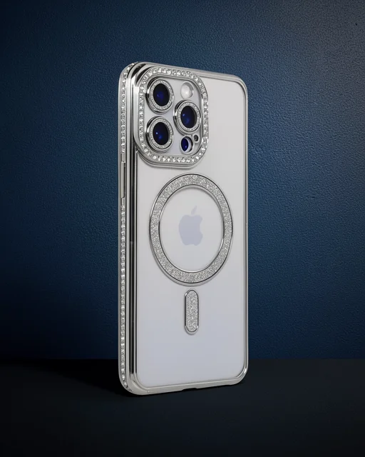Apple İphone 15 Pro Kılıf Joke Simli Magneticsafe Kılıf - Gümüş