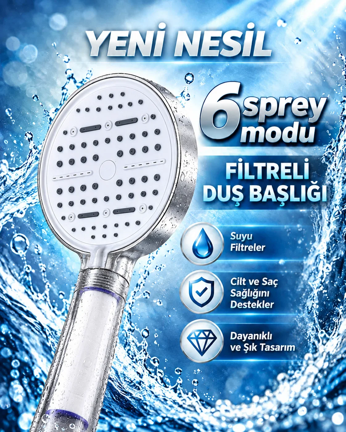 Büyük Panelli 6 Farklı Su Modlu Filtreli Duş Başlığı Beyaz Tasarım