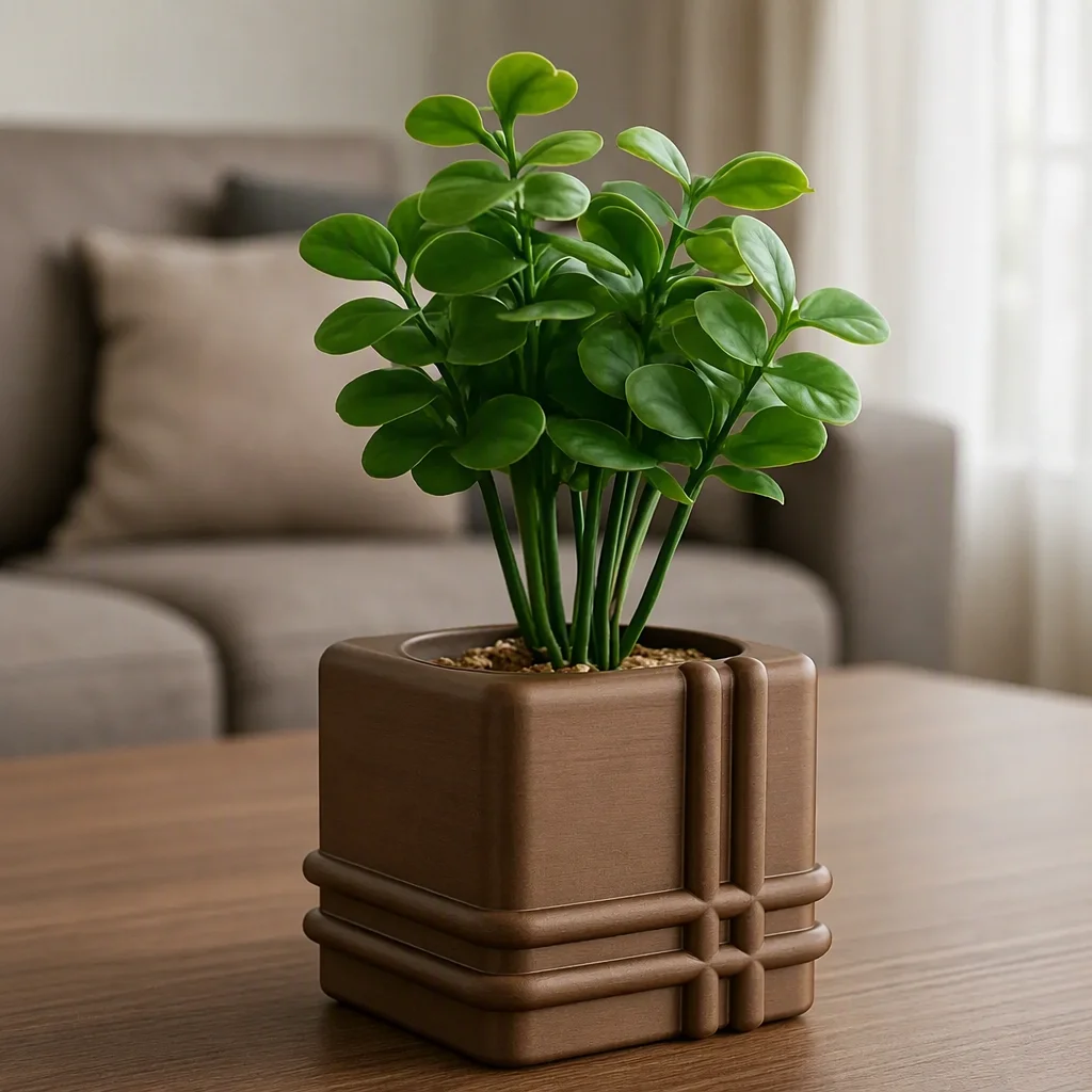 3D Baskı Square Planter - Izgara Desenli Küp Saksı-Kahverengi görsel 2