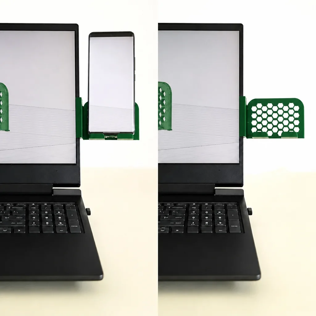 3D Baskı Monitor Telefon Tutucu - Petek Desenli Laptop Kenar Telefon Tutucu-Yeşil