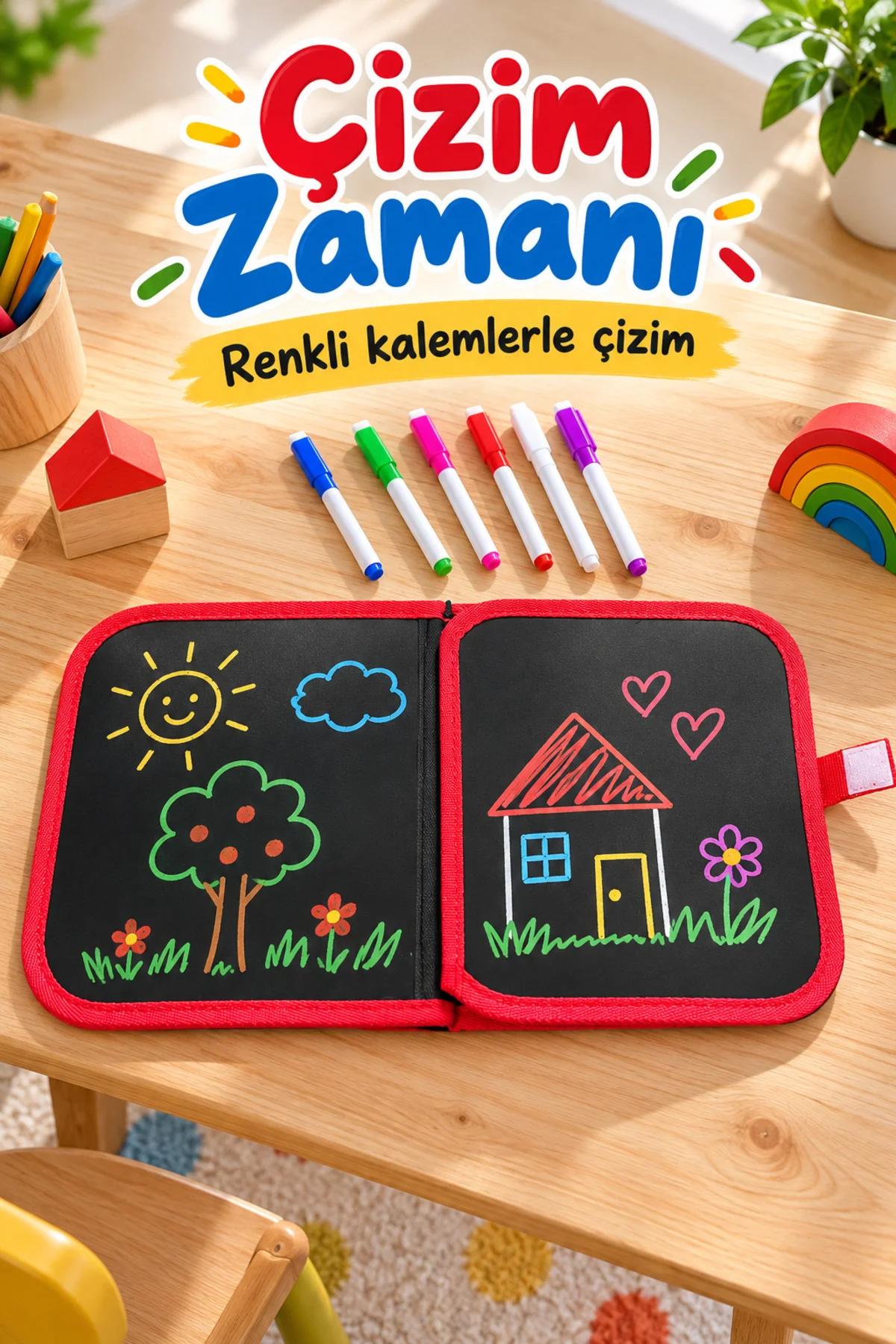 Renkli Kalemli Siyah Sayfalı Desenli Çizim Kitabı