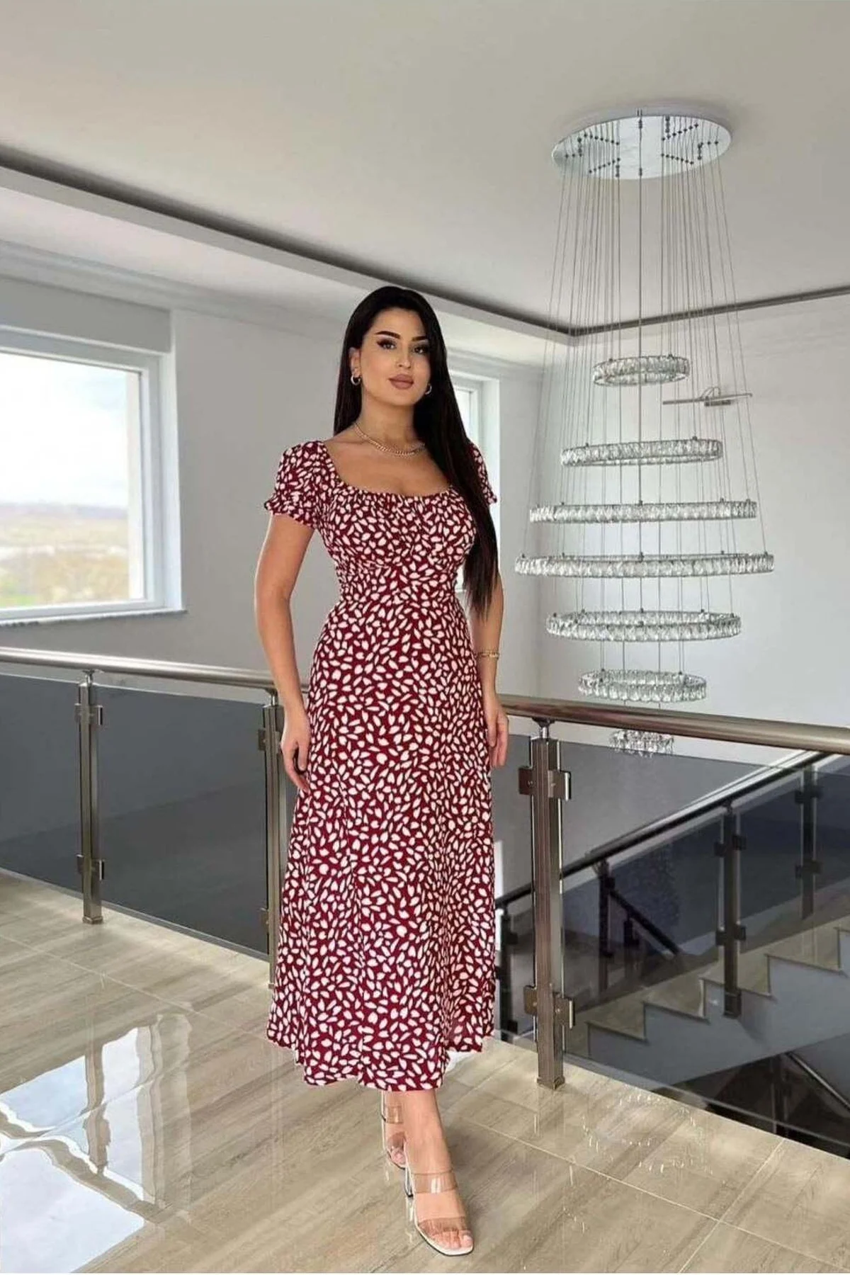 Kadın Kare Yaka Kemerli Midi Elbise