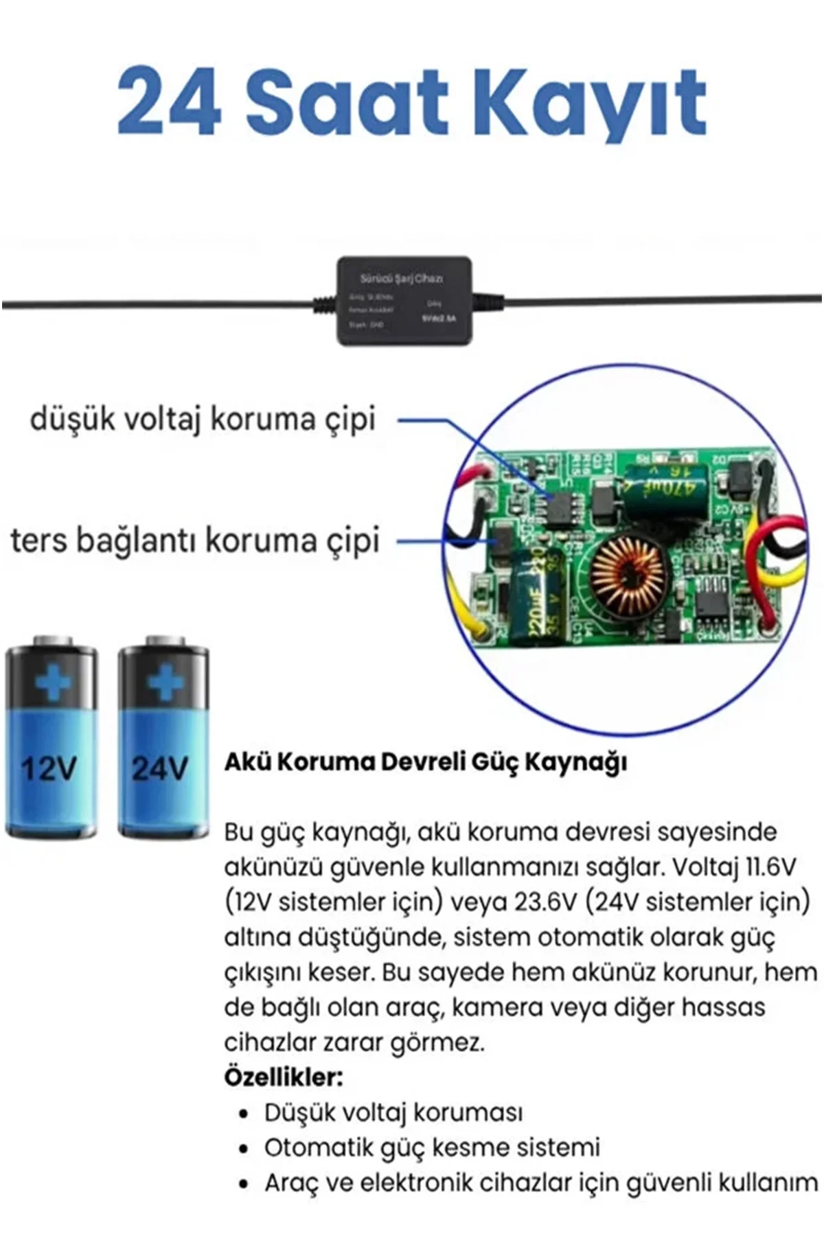 Park Modu Kablosu Type-C Akü Sigorta Bağlantı Kablosu Araç İçi Kamera Tüm Kameralara Uyumlu görsel 6
