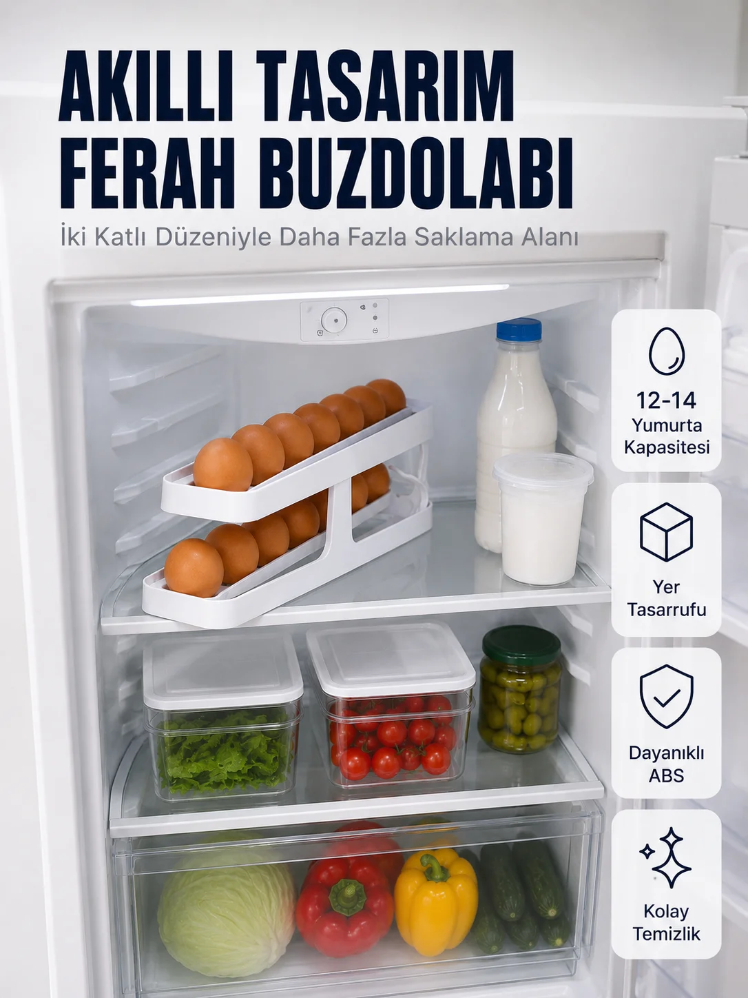 Buzdolabı Yumurta Düzenleyici İki Katlı Kayar Raylı Yumurta Organizeri
