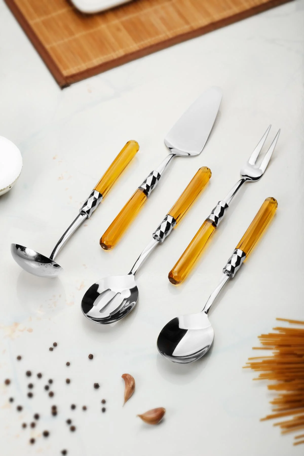 5 Parça Platin Servis Seti & Servis Sunum Seti Amber ( Kepçe / Kevgir / Sıpatula / Çatal / Kaşık ) görsel 2