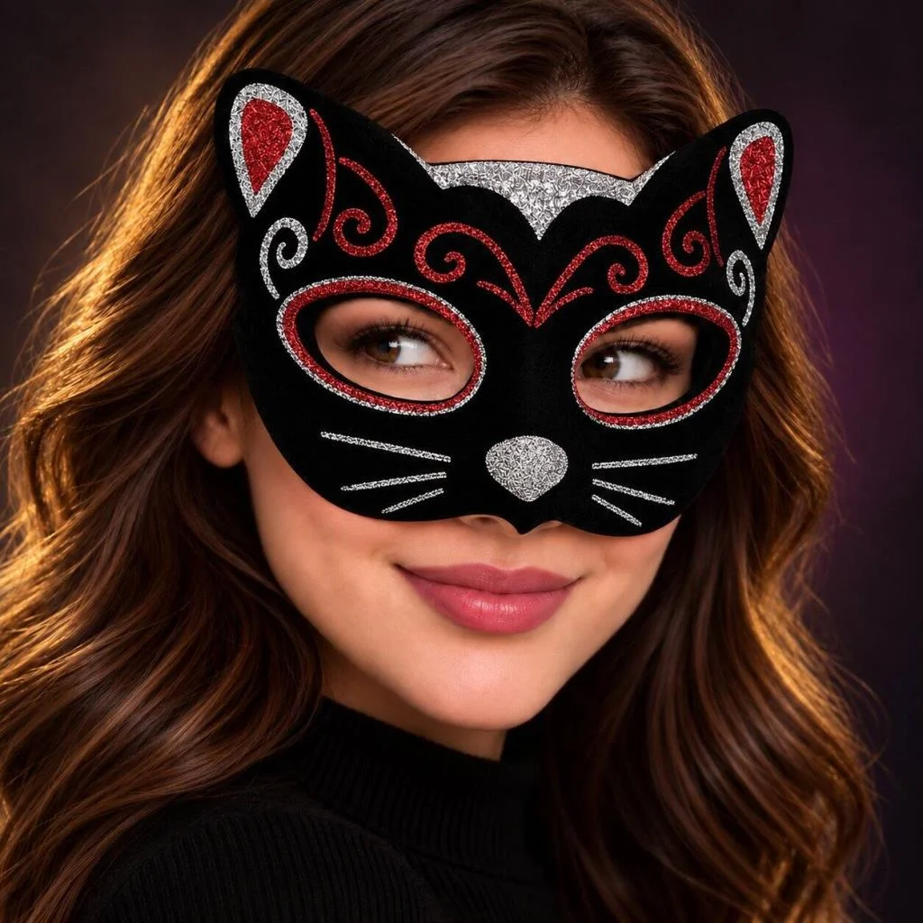 Kadife Dokulu Sim Detaylı Işıltılı Kedi Maskesi Kırmızı Gümüş 20x13 cm