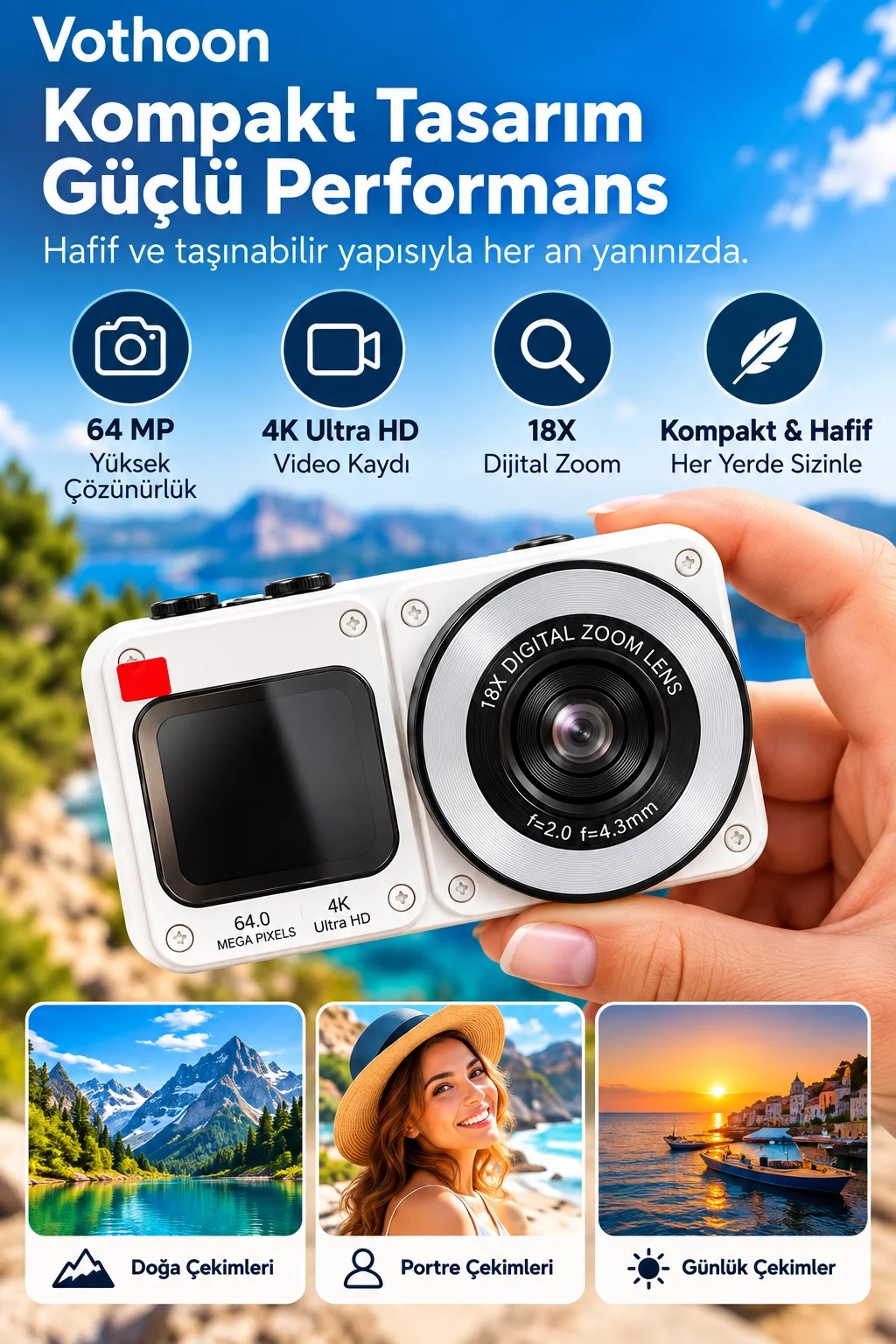 4K Dijital Fotoğraf Makinesi 18X Dijital Zoom 64 MP Ön ve Arka Ekranlı Kompakt Kamera Beyaz görsel 3