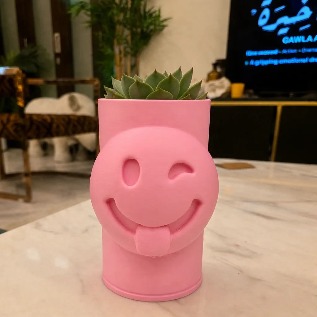 3D Baskı Emoji Planter - Göz Kırpan Yüzlü Sukulent Saksısı-Pembe görsel 2