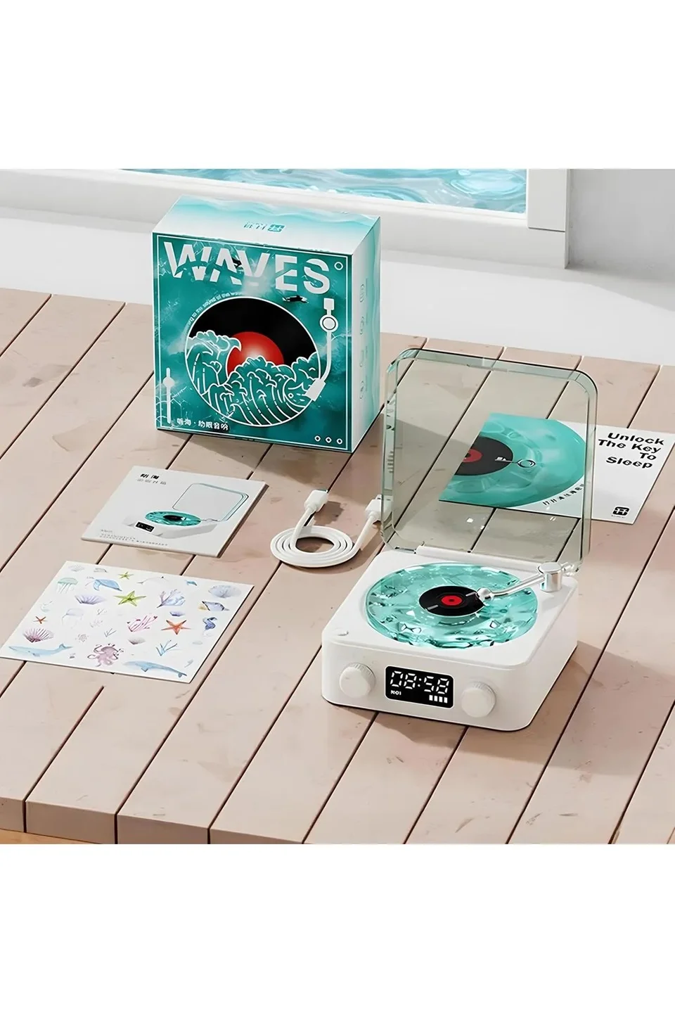 Waves Nostalji Plak Görünümlü Bluetooth Hoparlör 3D Ses Dalgası Retro Müzik Plak Mavi görsel 4
