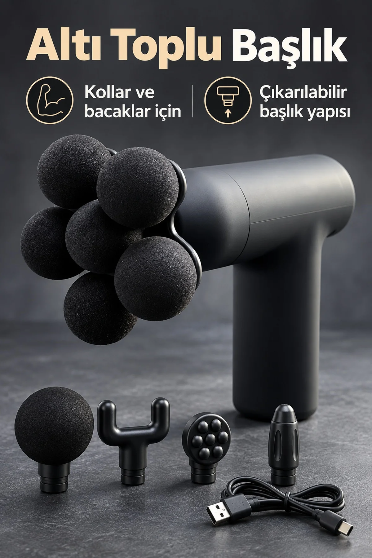 Masaj Tabancası 5 Değiştirilebilir Başlıklı Şarjlı Siyah Masaj Aleti