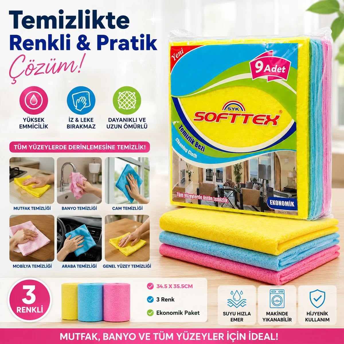 Renkli Temizlik Bezi 9'lu (34.5x35.5 cm) - Ekonomik Paket görsel 5