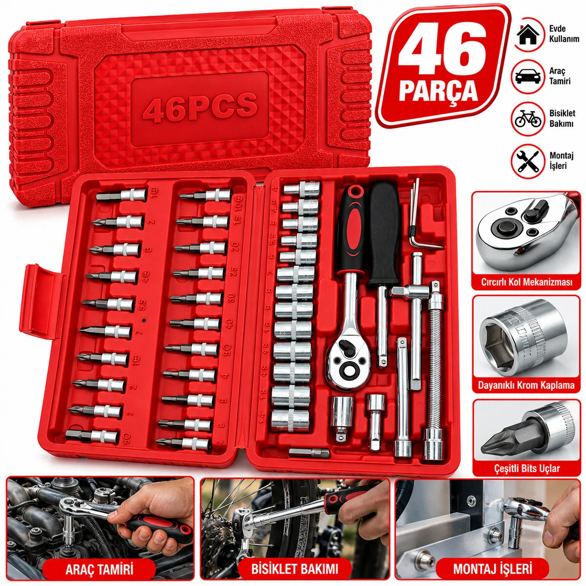 46 Parça Lokma Seti 1/4 Inc Bit - 6GEN Soket - Cırcır Kolu - Uzatma-kaydırma Çubukları Pls.kutulu görsel 2