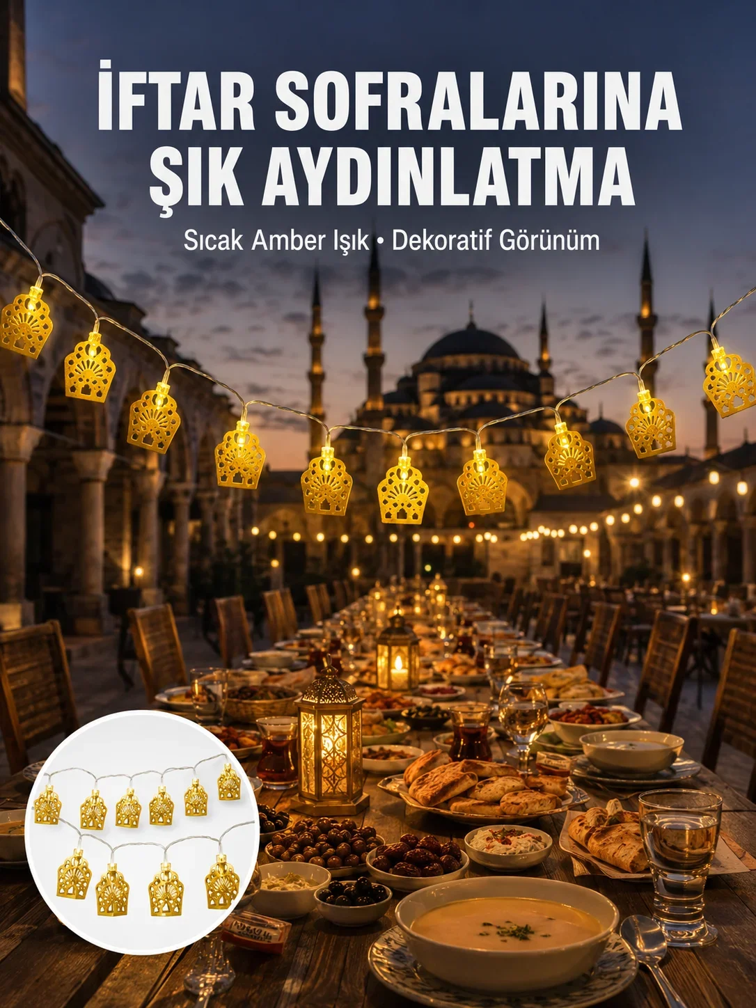 Dekoratif Ramazan LED Işık Pilli Ca Tasarımlı Zincir Aydınlatma Yeni Nesil