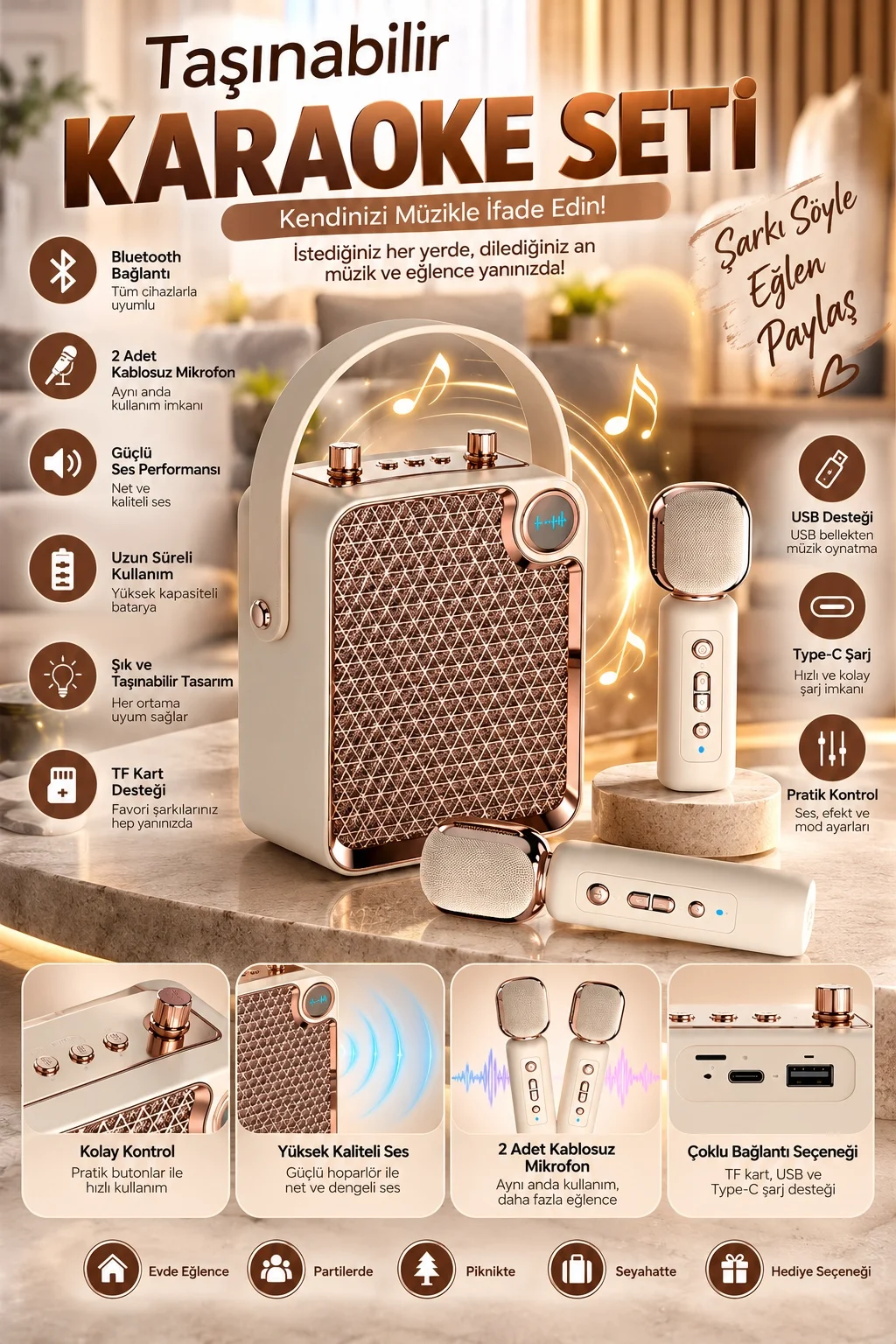 Bluetooth Karaoke Hoparlör 2 Mikrofonlu Taşınabilir Şarjlı Müzik Seti Ses Değiştirme Özl