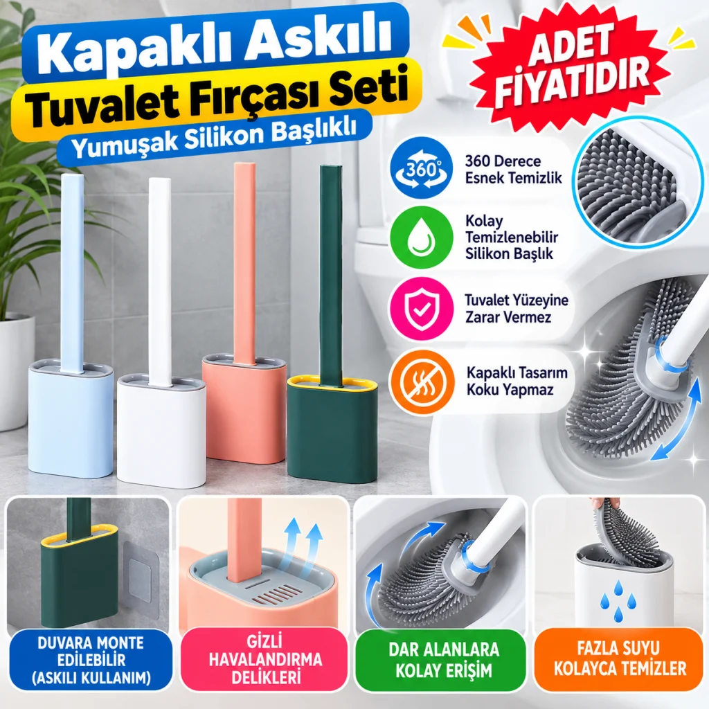 Duvara Monte Edilebilir Kapaklı Askılı Klozet Yumuşak Silikon Başlıklı Tuvalet Fırçası Seti(adet fiyatıdır)