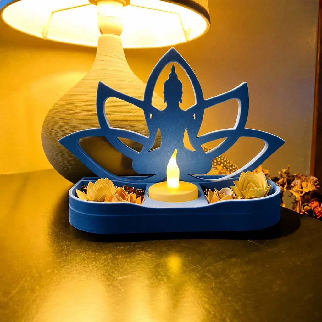 3D Baskı Lotus Buda Mumluk - Dekoratif Tealight Mumluk-Mavi